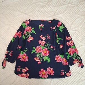 Talbots Womens Large Blouse Navy Blue Pink Floral Tie 3/4 Sleeve Chiffon Top